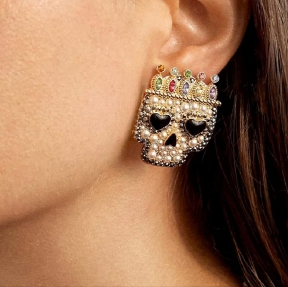 Crown King Skull Rhinestone & Pearl Earrings Multicolor Gold Crystal Statement - Picture 2 of 5